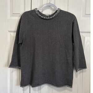 Majestic Filatures Cotton Cashmere Blend Gray Crystal Embellished Top Size 2/S